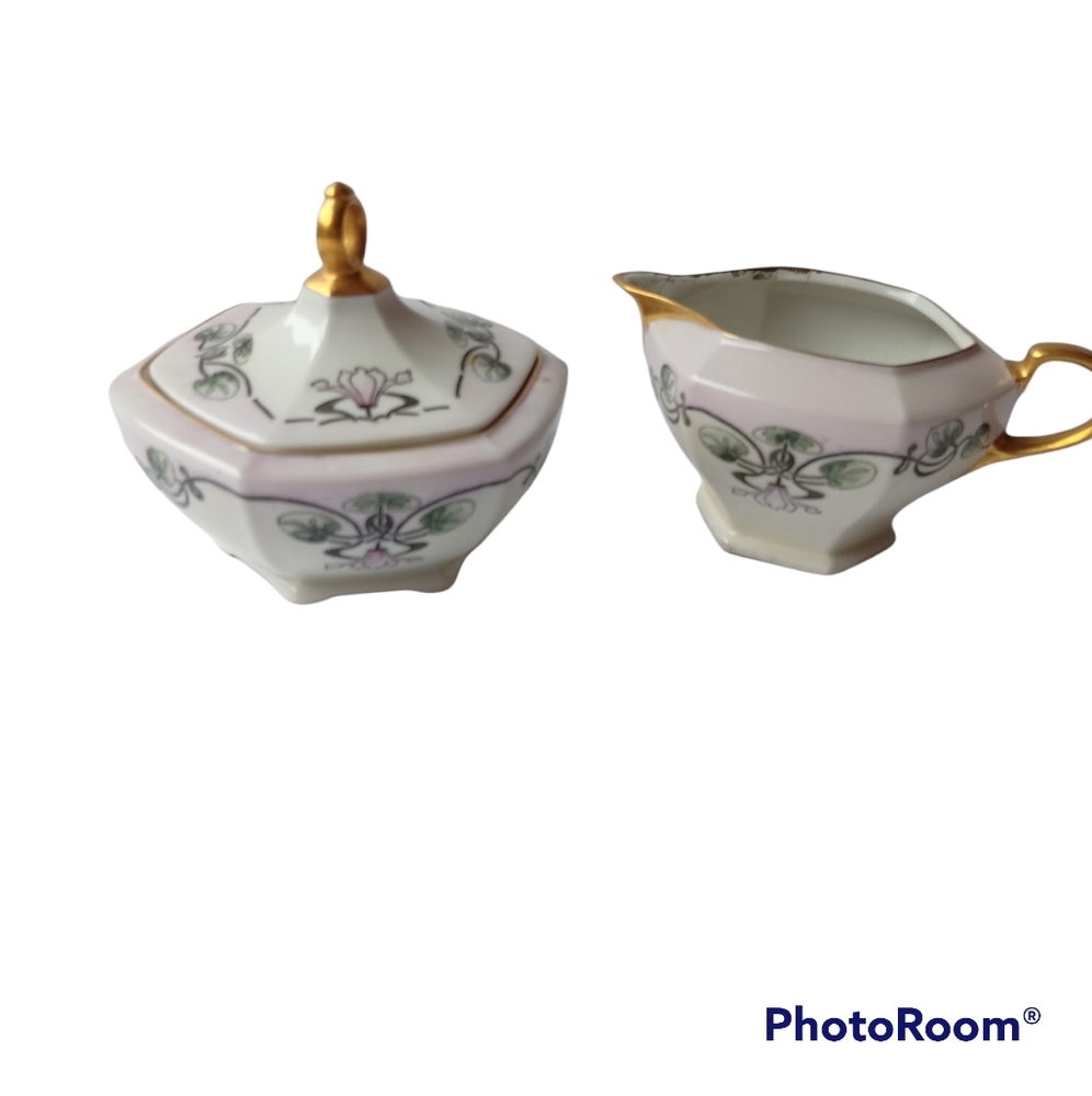 Antique M.Z. Austria Hand Painted Cream and Sugar Bowl Set Gold Trim Pink Floral